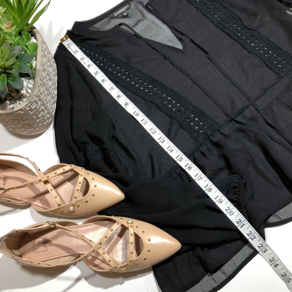 Express Sheer Black Pleated Long Sleeve Peplum Top - Picture 2 of 7